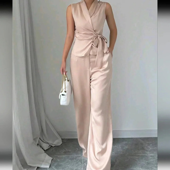 2pcs Solid Color Tie Front Sleeveless Top And Pants Casual Suit Set - Picture 4 of 5